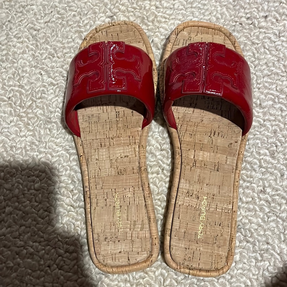 Tory Burch Double T sport slide. Size 8.5. Red patent leather, cork